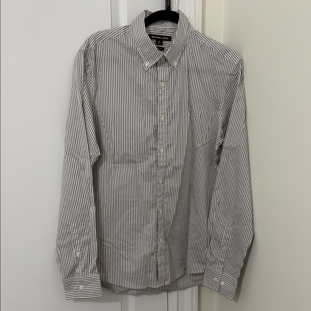 Michael Kors Men's Gray and White Striped Button Down Shirt Size M Slim Fit
